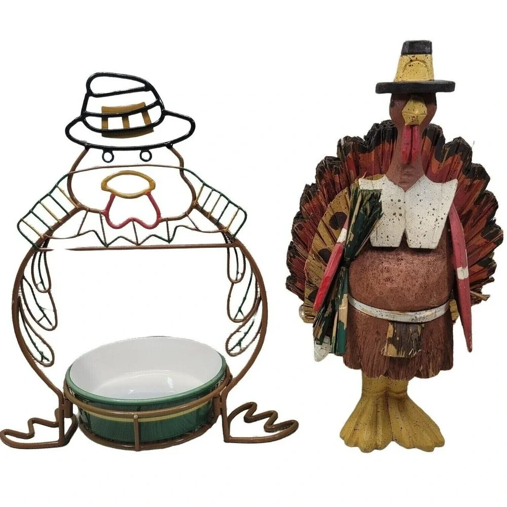 LTD Commodities Thanksgiving Turkey Decor Set Brown Green Wire Dish and Figurine